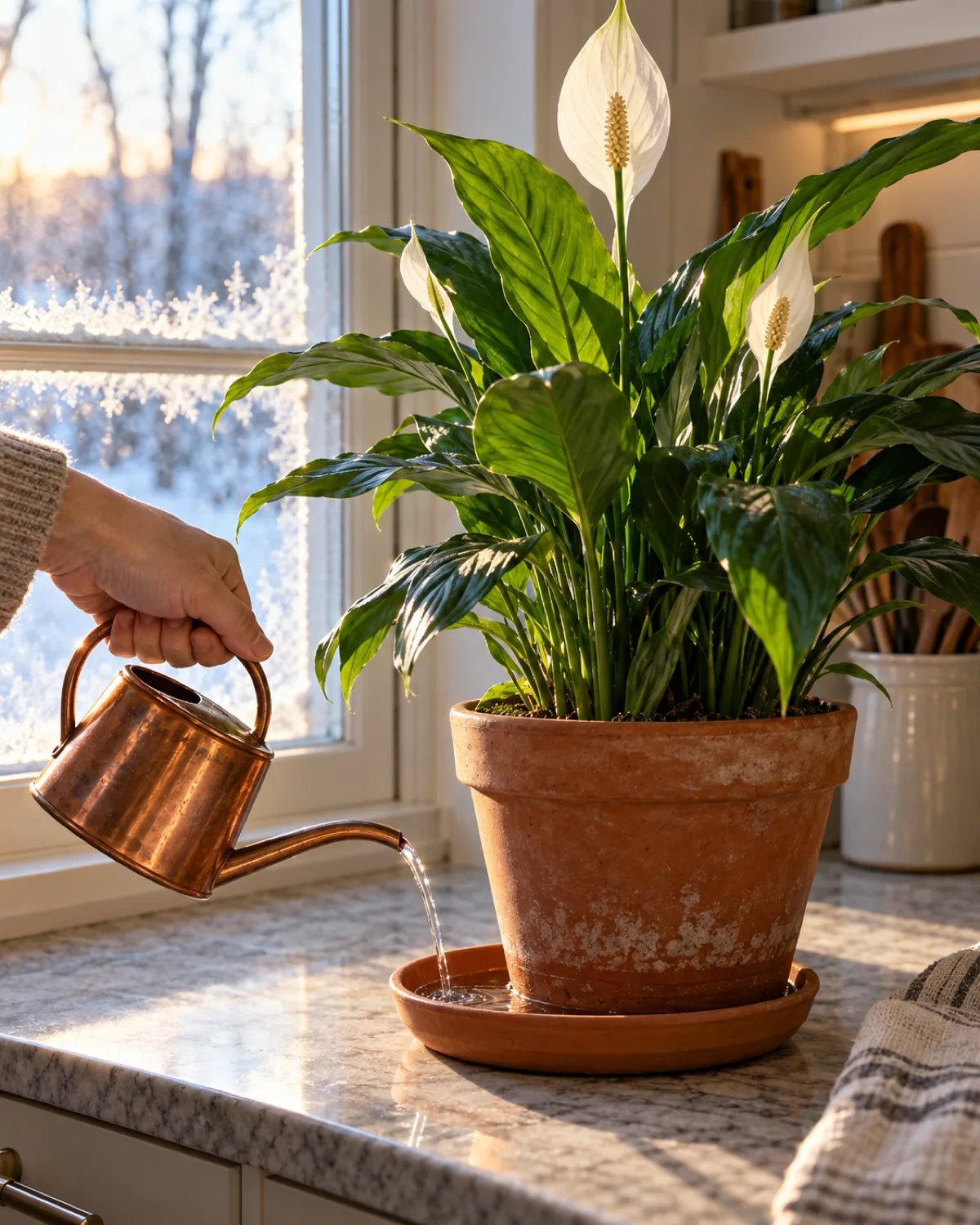A hand pouring room-temperature water from a small copper watering can into the saucer beneath a terracotta pot for bottom watering with a peace lily on a kitchen counter near a window with frost visible outside