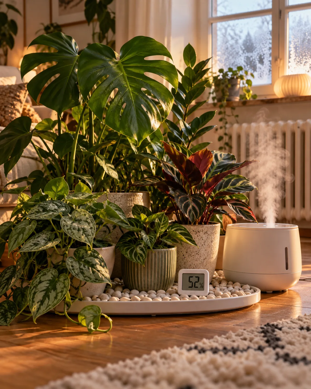 A cluster of tropical houseplants grouped together on a white pebble tray near a cool-mist humidifier producing visible mist with a small digital hygrometer placed among the plant pots showing 52 percent humidity and warm indoor lighting with a radiator visible in the background