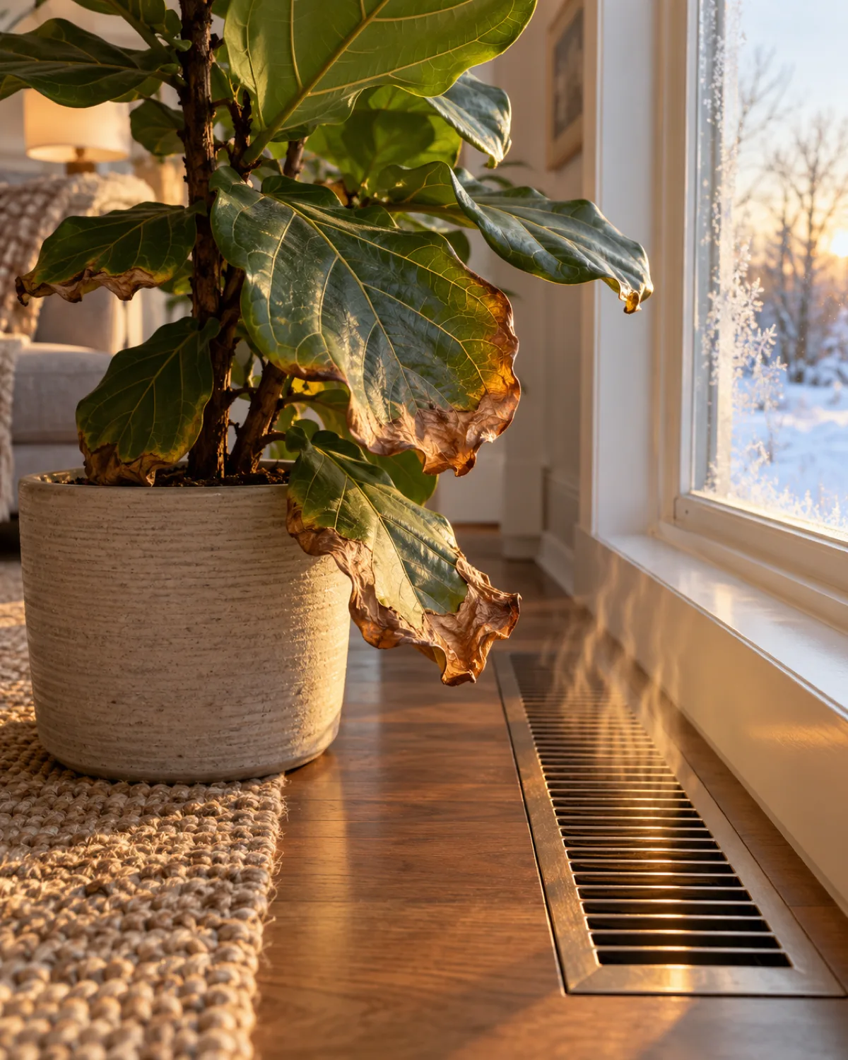 A fiddle leaf fig with crispy brown curling leaf edges positioned dangerously close to a metal floor heating vent with visible warm air distortion rising from the grate showing clear heat stress damage on the leaves closest to the vent