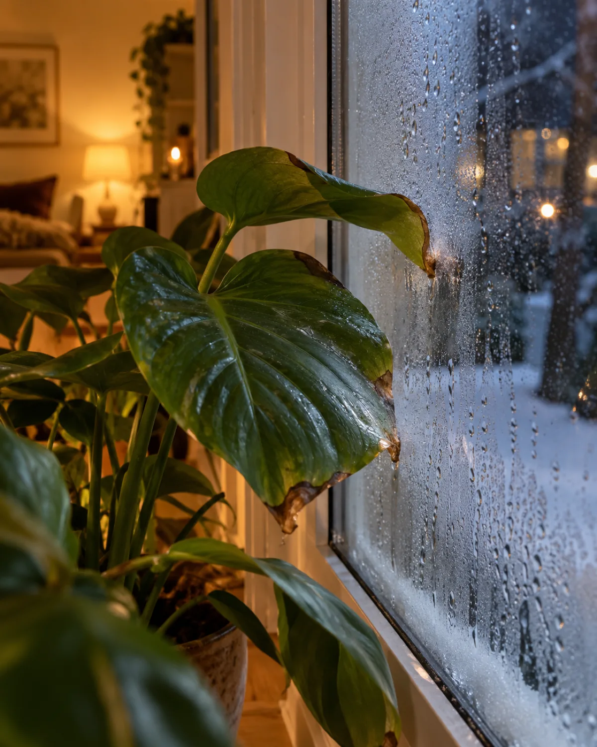 Close-up of houseplant leaves touching a frosted single-pane window at night with visible condensation droplets on the cold glass and slight browning on the leaf tips where they press against the icy surface with a warm room visible behind the plant