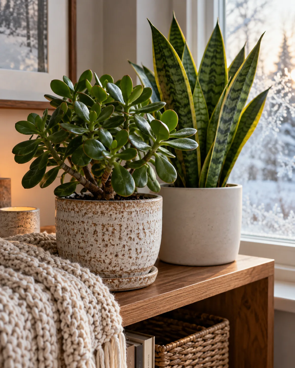 A jade plant and a snake plant sitting quietly together on a wooden shelf in soft diffused light with no new growth visible both plants looking healthy and green but completely static and dormant with a knitted throw blanket draped nearby