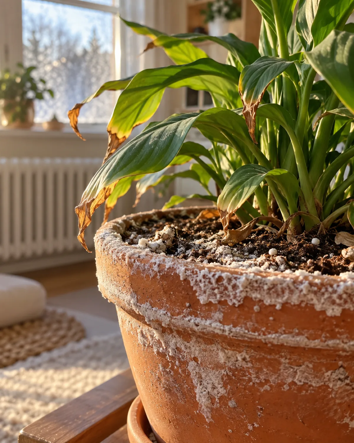 Close-up of white crusty salt buildup on the rim and outer surface of a terracotta pot and on the soil surface from over-fertilizing during winter with the plant above showing brown crispy leaf tips from root burn