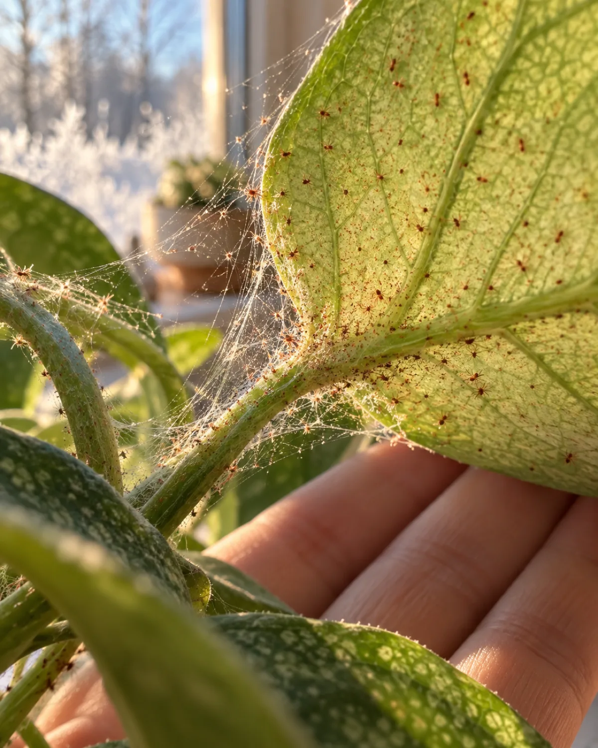 Extreme close-up of fine spider mite webbing stretched between the stems and leaves of a houseplant in dry winter air with tiny red-brown spider mites visible on the pale underside of a leaf held up toward a window for light