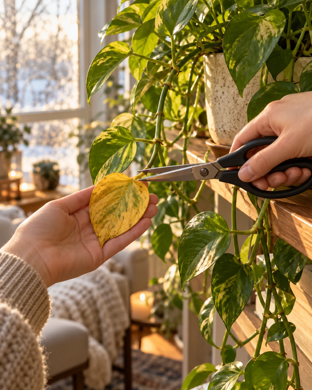 Hands using clean sharp scissors to carefully snip a single yellowed lower leaf from a trailing pothos vine in winter with the rest of the plant remaining healthy and green and the cut being made cleanly at the base of the petiole