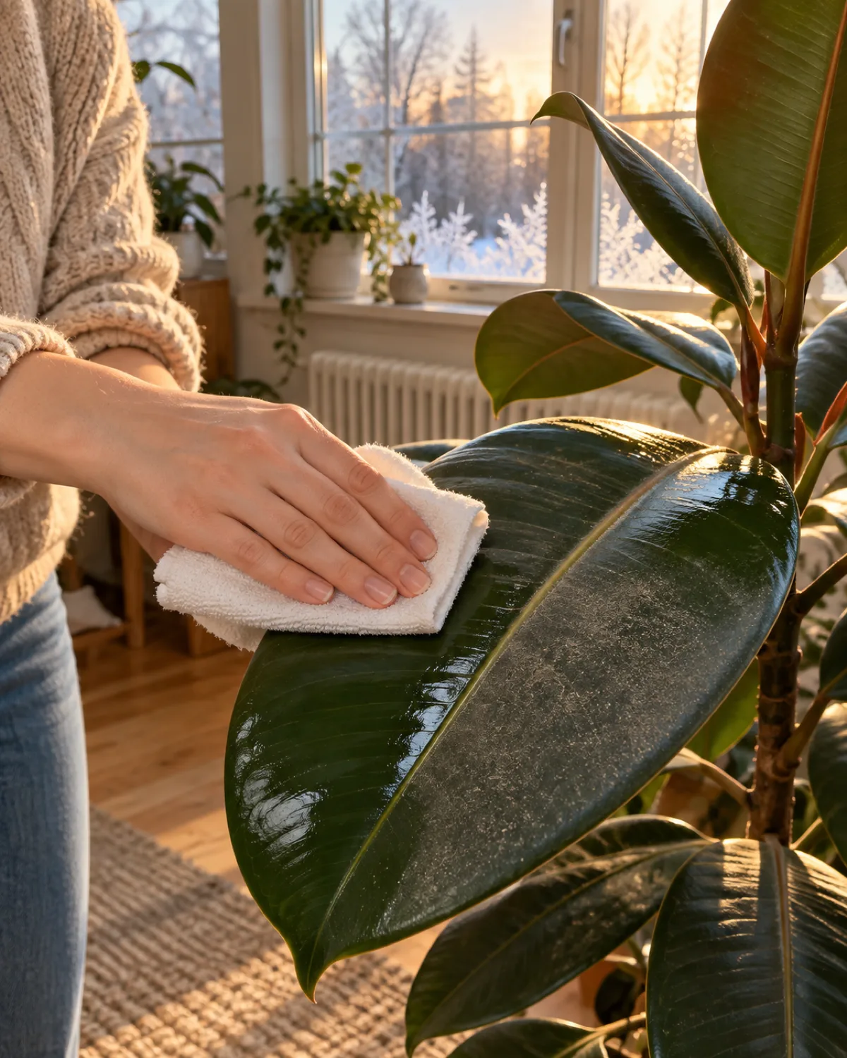 A person wiping accumulated dust from a large glossy rubber plant leaf with a soft damp white cloth in late February with visibly longer golden daylight streaming through the window behind them suggesting the return of spring