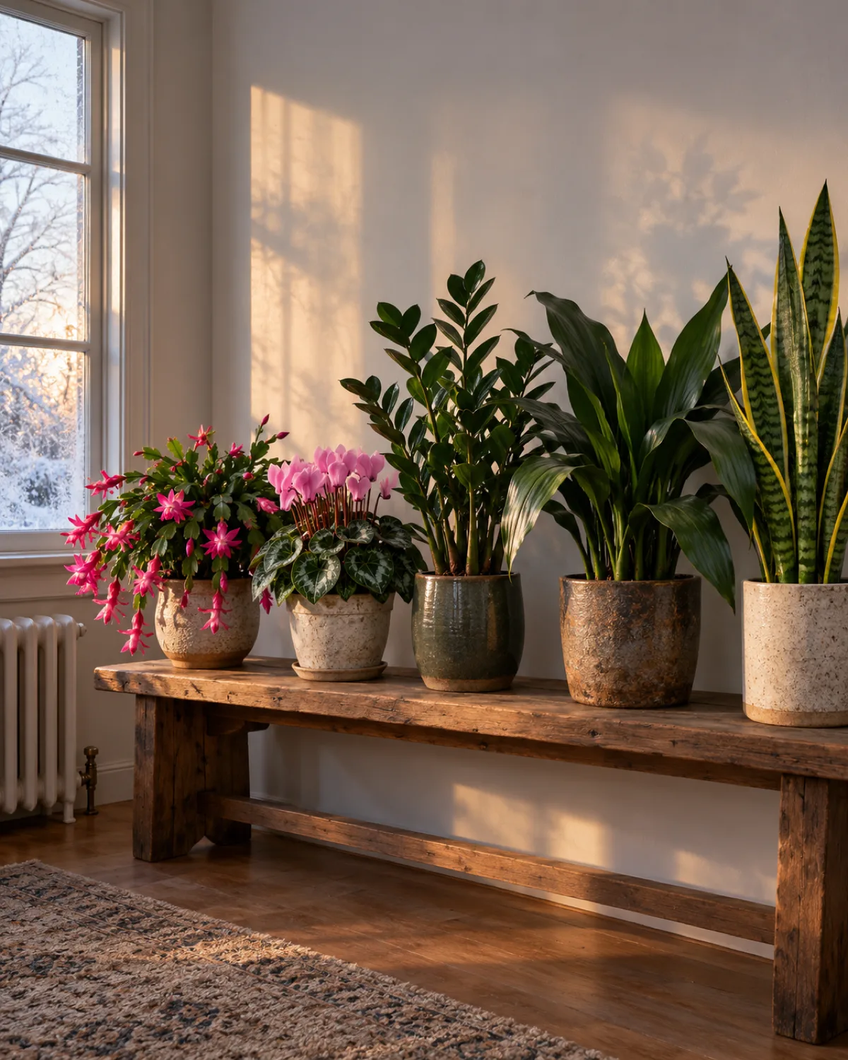 Five houseplants arranged in a row on a wooden bench against a white wall in a cool dimly lit room — a Christmas cactus covered in pink blooms a cyclamen with upswept pink flowers a ZZ plant with dark glossy leaves a cast iron plant with broad dark green arching leaves and a snake plant with tall upright variegated leaves — all looking healthy despite the low light cool conditions