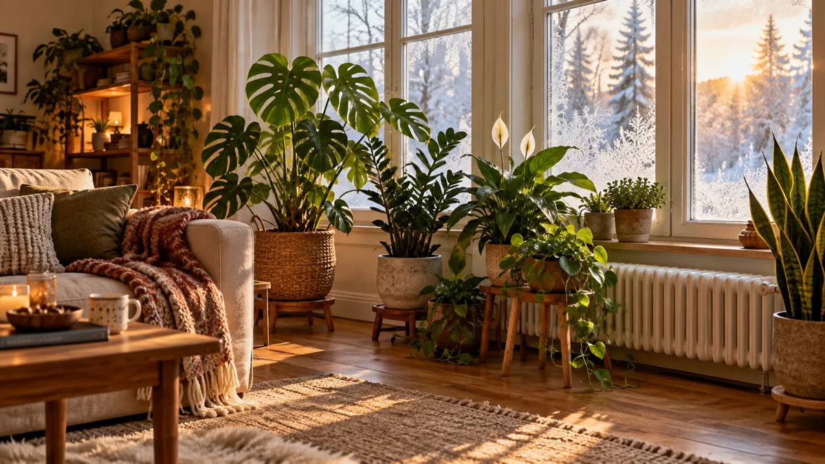 Several houseplants clustered near a south-facing window in a cozy living room with frost visible outside and low-angle golden winter sunlight with a radiator safely distanced from the plants