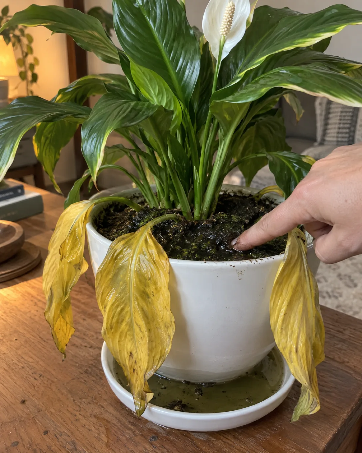 A peace lily in a white ceramic pot on a wooden table with three lower leaves turned fully yellow and limp drooping over the pot edge the dark waterlogged soil surface visible with standing water in the saucer underneath