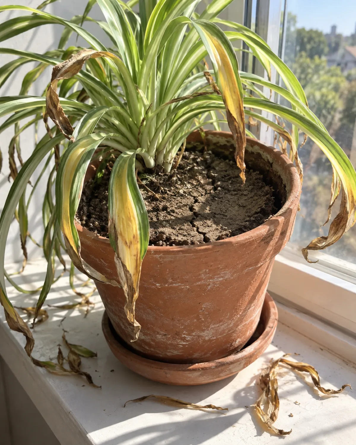 A spider plant in a terracotta pot on a bright windowsill with leaves showing brown crispy curling edges and yellowing centers the soil pulled away from the pot edges showing extreme dryness with dried leaf tips on the sill
