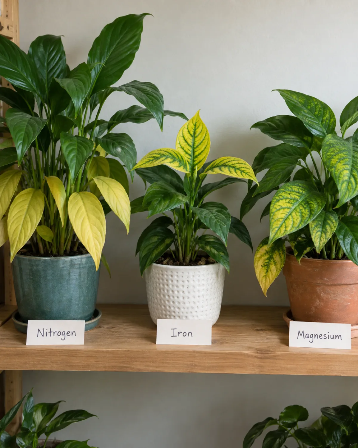 Three houseplants on a wooden shelf each showing a different nutrient deficiency pattern with uniform pale yellow oldest leaves on the left interveinal chlorosis on young leaves in the center and yellow patches between green veins on older leaves on the right