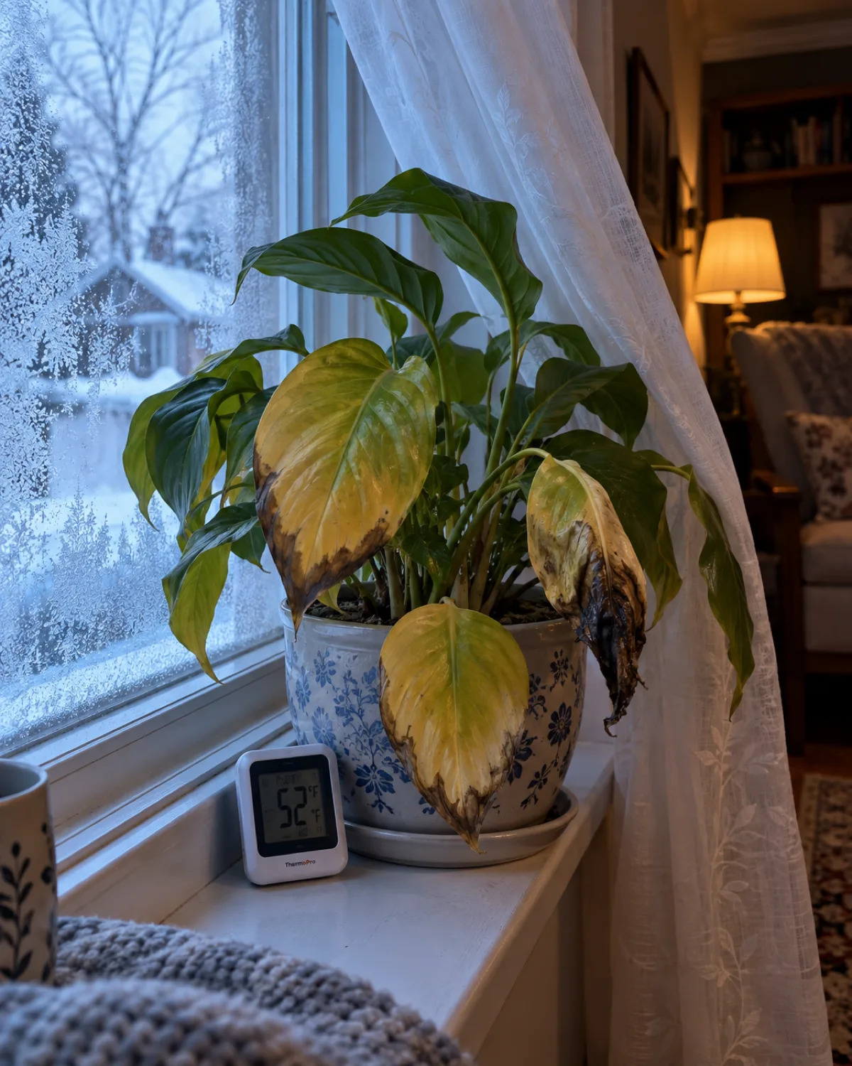 A tropical houseplant on a windowsill in winter with frost visible on the outside glass several rapidly yellowed leaves with dark water-soaked edges a thermometer beside the pot reading below fifty-five degrees and a sheer curtain pushed inward by a draft