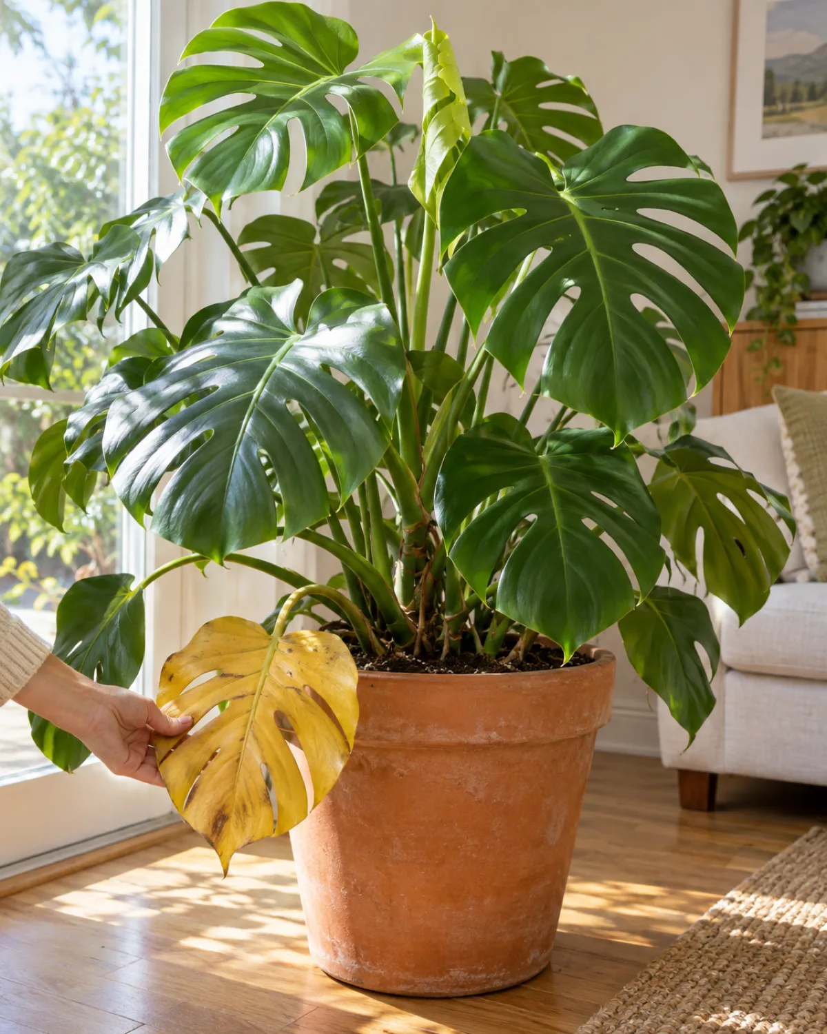A healthy thriving monstera deliciosa in a large terracotta pot with abundant glossy split leaves and one single lowest oldest leaf turned golden yellow and drooping naturally a hand gently holding the aging leaf bright cheerful natural light