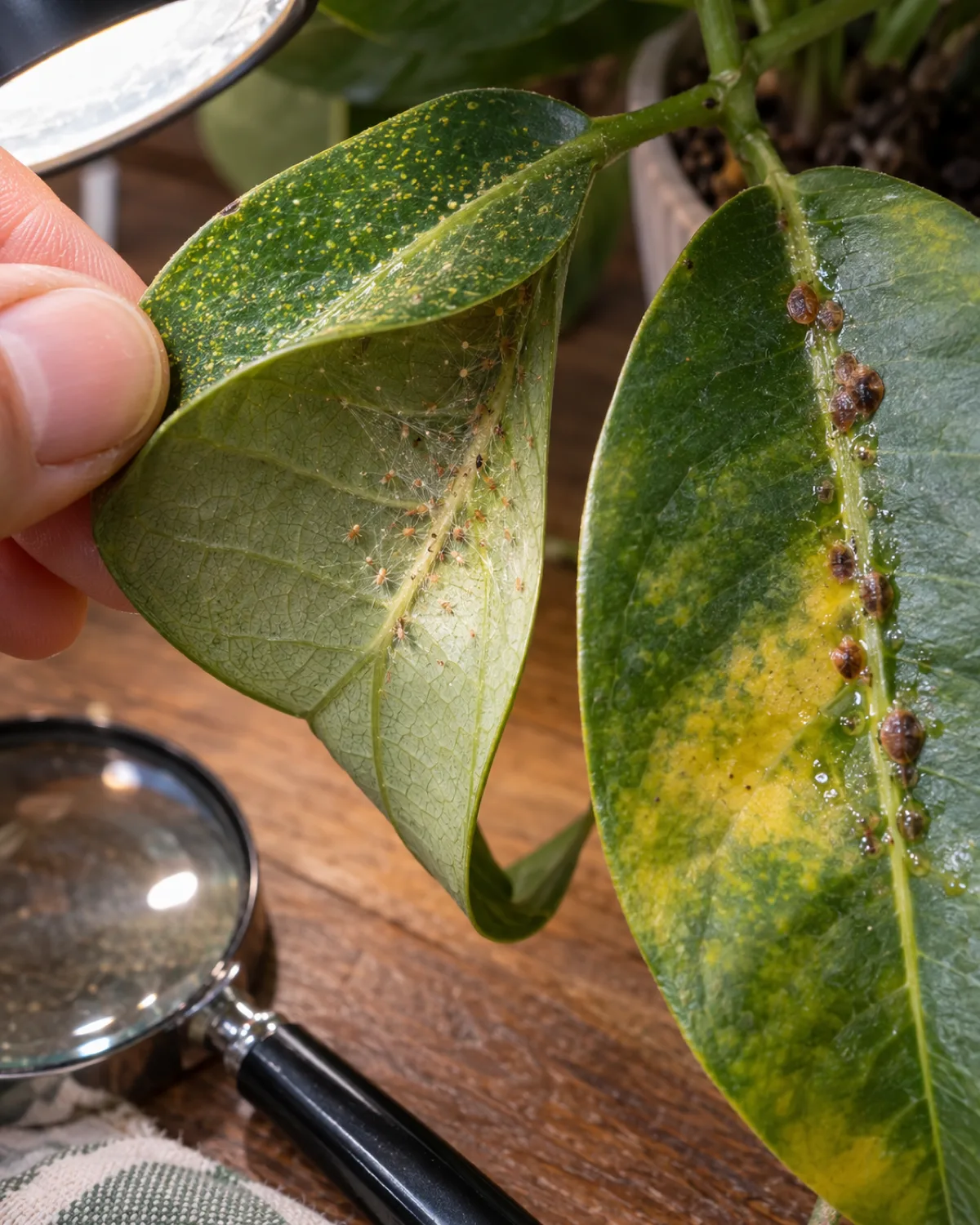 A close-up of a houseplant leaf underside being flipped over by a hand revealing tiny spider mites and fine webbing near the stem with stippled yellow dots visible on the top surface and scale insects on a neighboring leaf with sticky honeydew