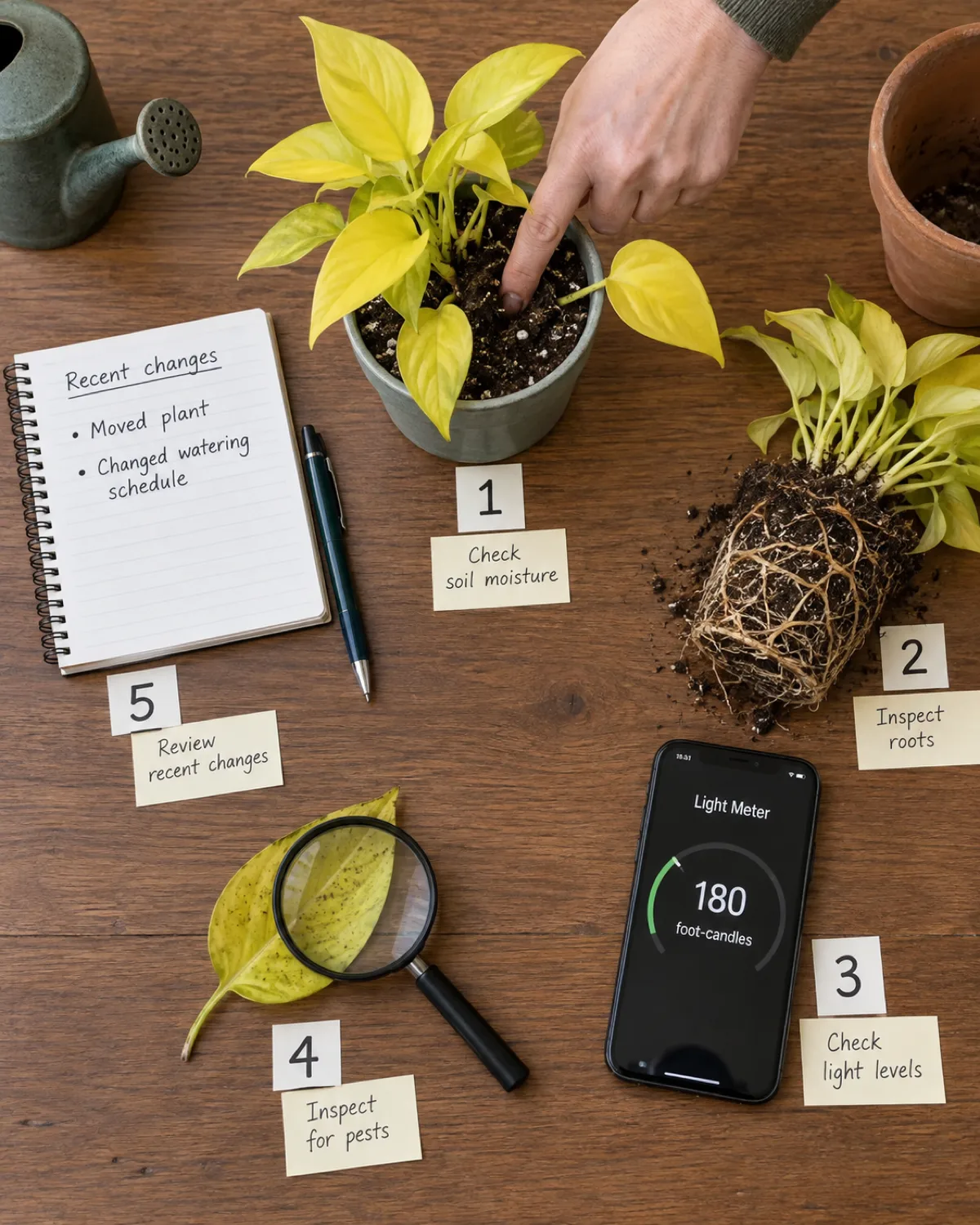 A flat-lay on a wooden table showing five diagnostic steps arranged around a small potted plant with yellow leaves including a finger in soil a tipped pot showing roots a phone light meter a magnifying glass and a notebook with handwritten recent changes
