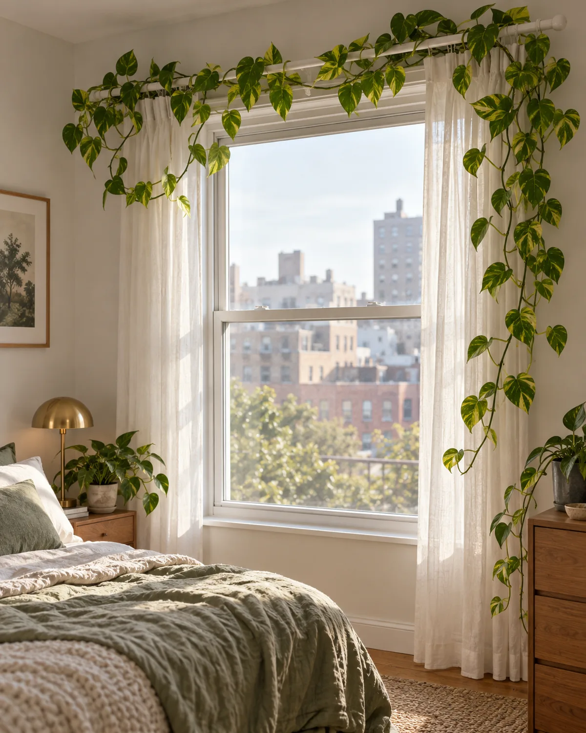 Golden pothos with heart-shaped variegated green and yellow leaves trailing along a white curtain rod above a window in a small apartment bedroom with soft natural light
