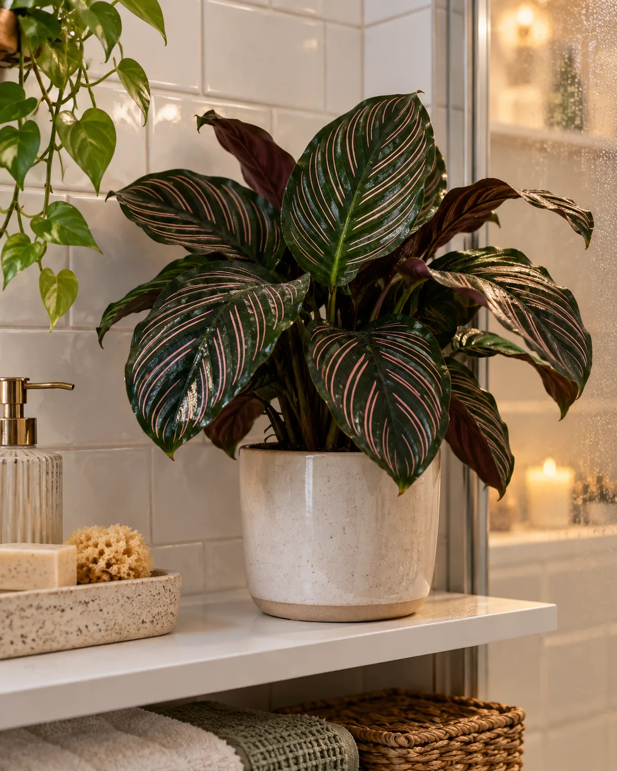 Calathea ornata with pink-striped dark green leaves on a white bathroom shelf in a small apartment with warm lighting and white tile background