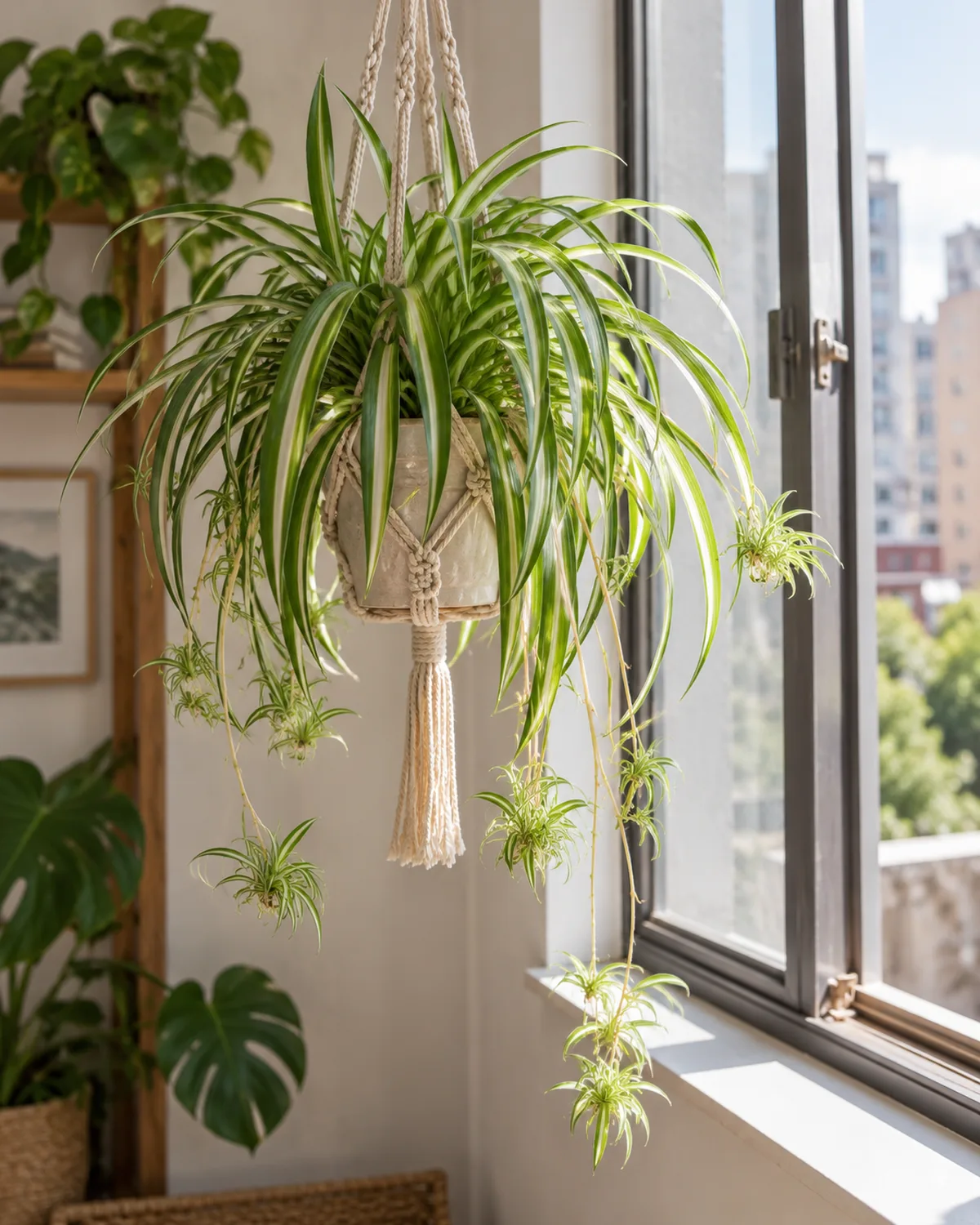 Spider plant with dangling pups and plantlets in a woven macrame hanger near a slightly open apartment window with bright natural light