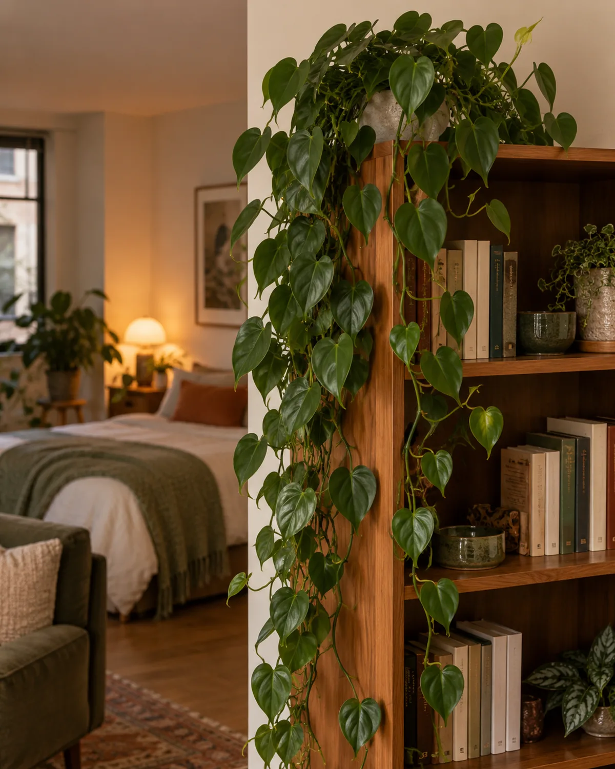 Heartleaf philodendron with dark green heart-shaped leaves cascading from the top of a tall wooden bookcase in a studio apartment with warm ambient light