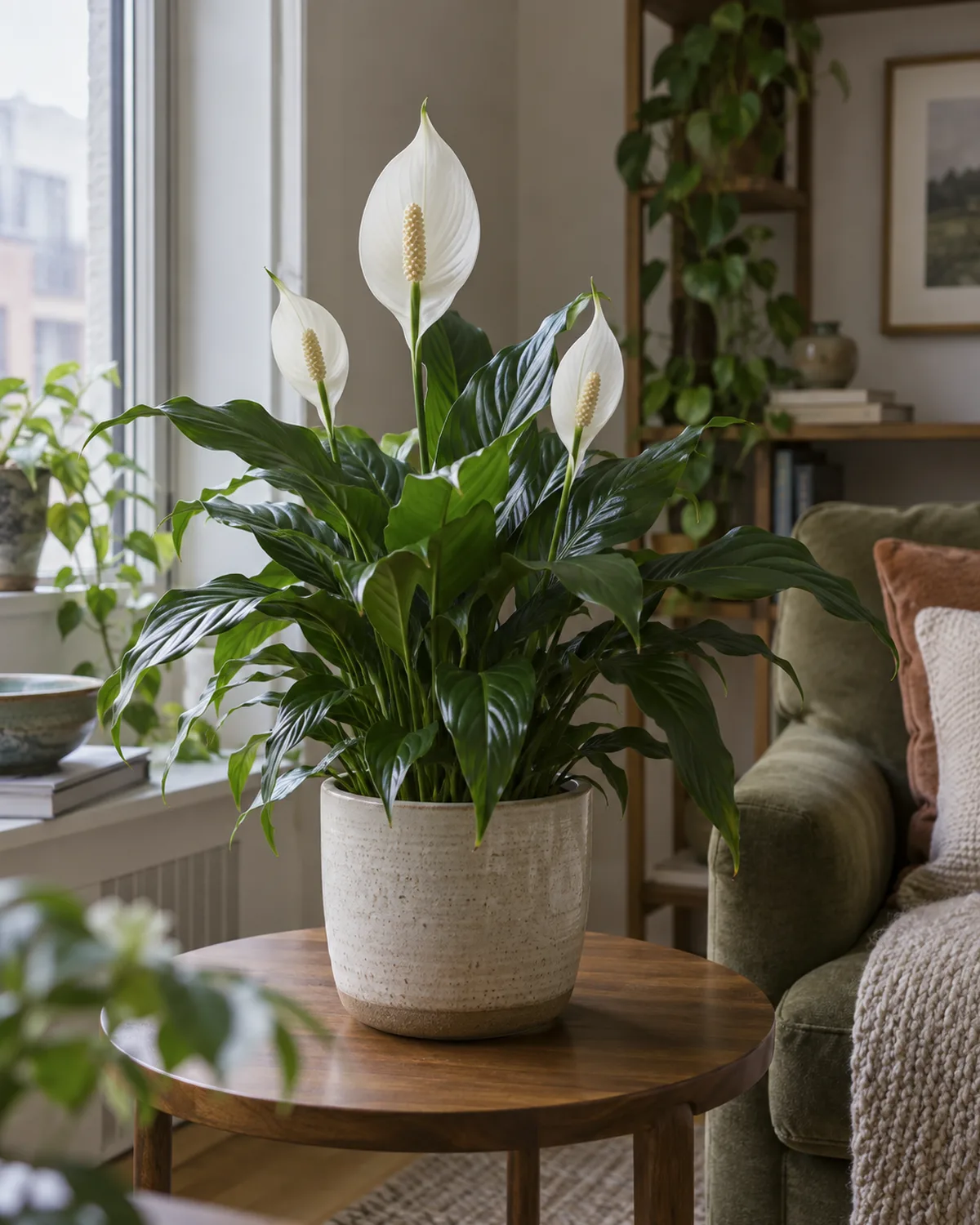 Peace lily with white spathe flowers and glossy dark green leaves on a wooden side table near a north-facing window with soft diffused light in a cozy apartment