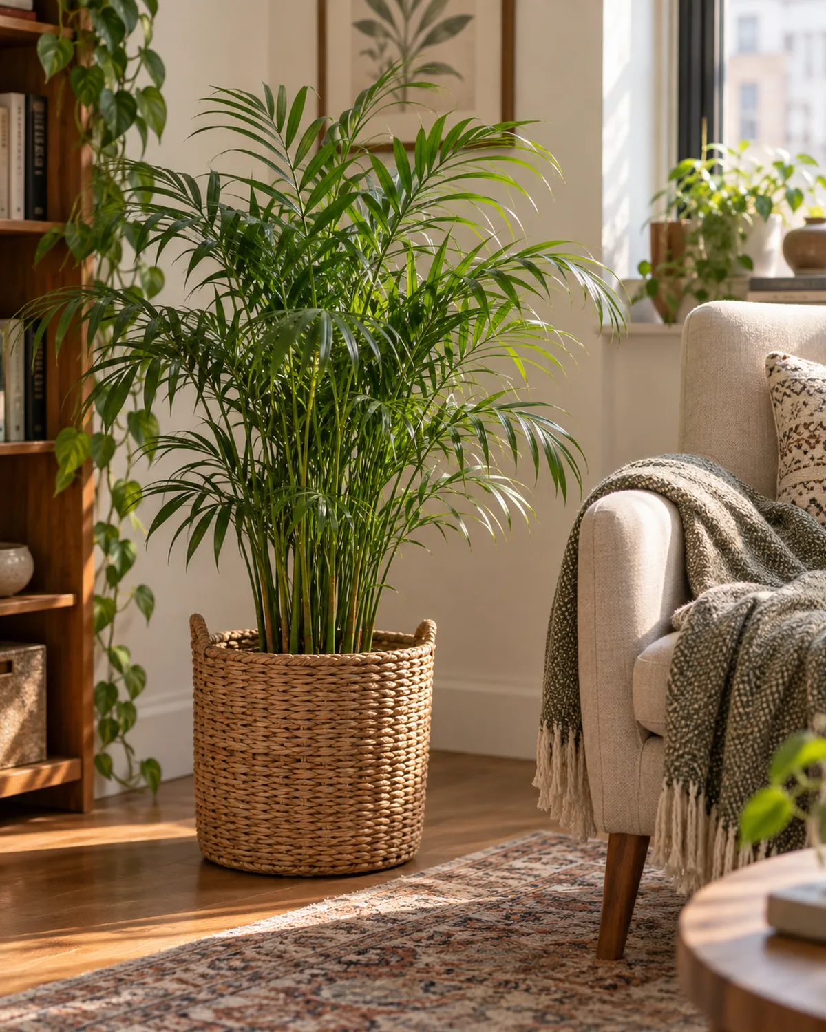 Parlor palm in a woven rattan basket planter in a cozy apartment corner next to a reading chair with a throw blanket and warm natural light