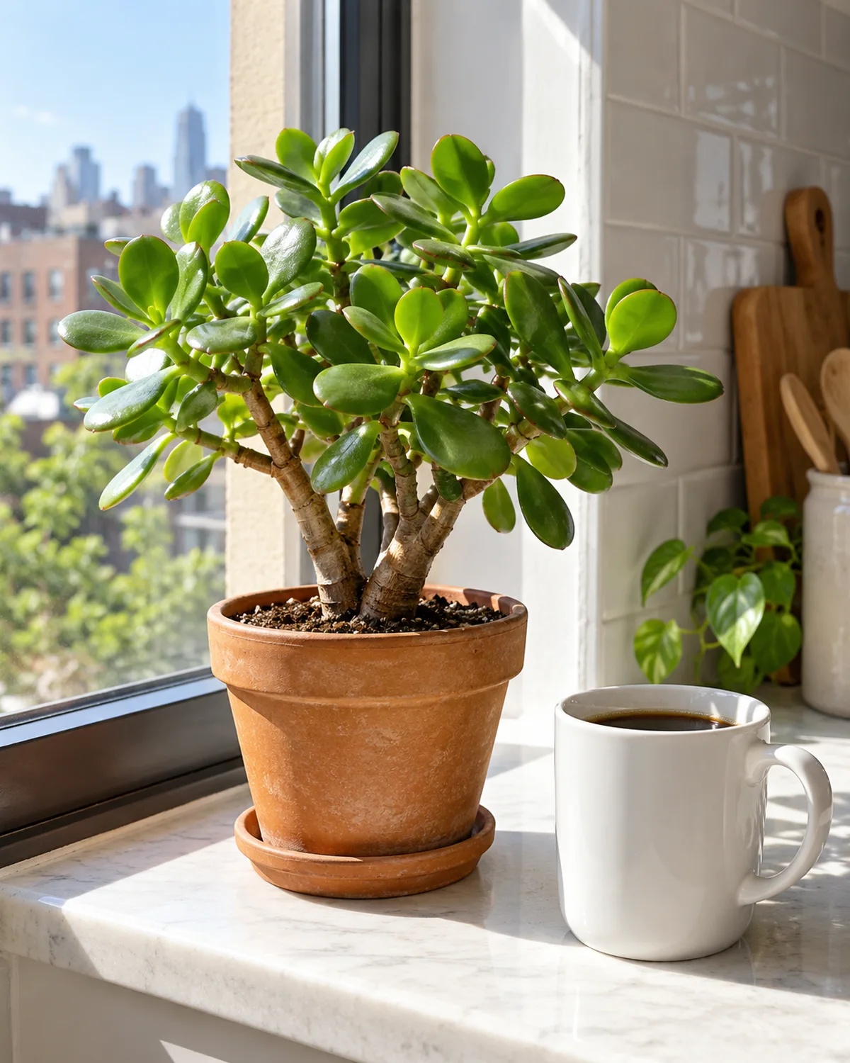 Jade plant with thick glossy green oval leaves in a small terra cotta pot on a sunny apartment windowsill next to a white coffee mug with bright direct sunlight