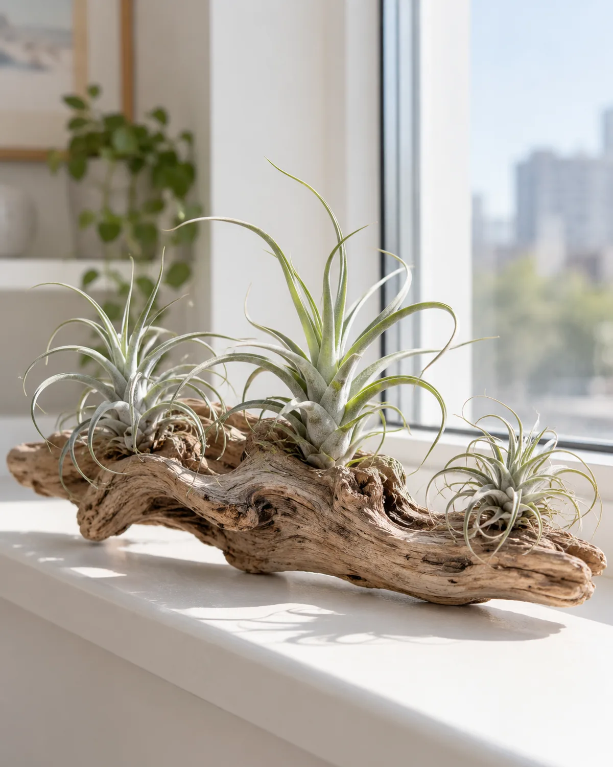 Three tillandsia air plants displayed on a piece of driftwood sitting on a bright windowsill without any pots or soil in a clean minimal apartment