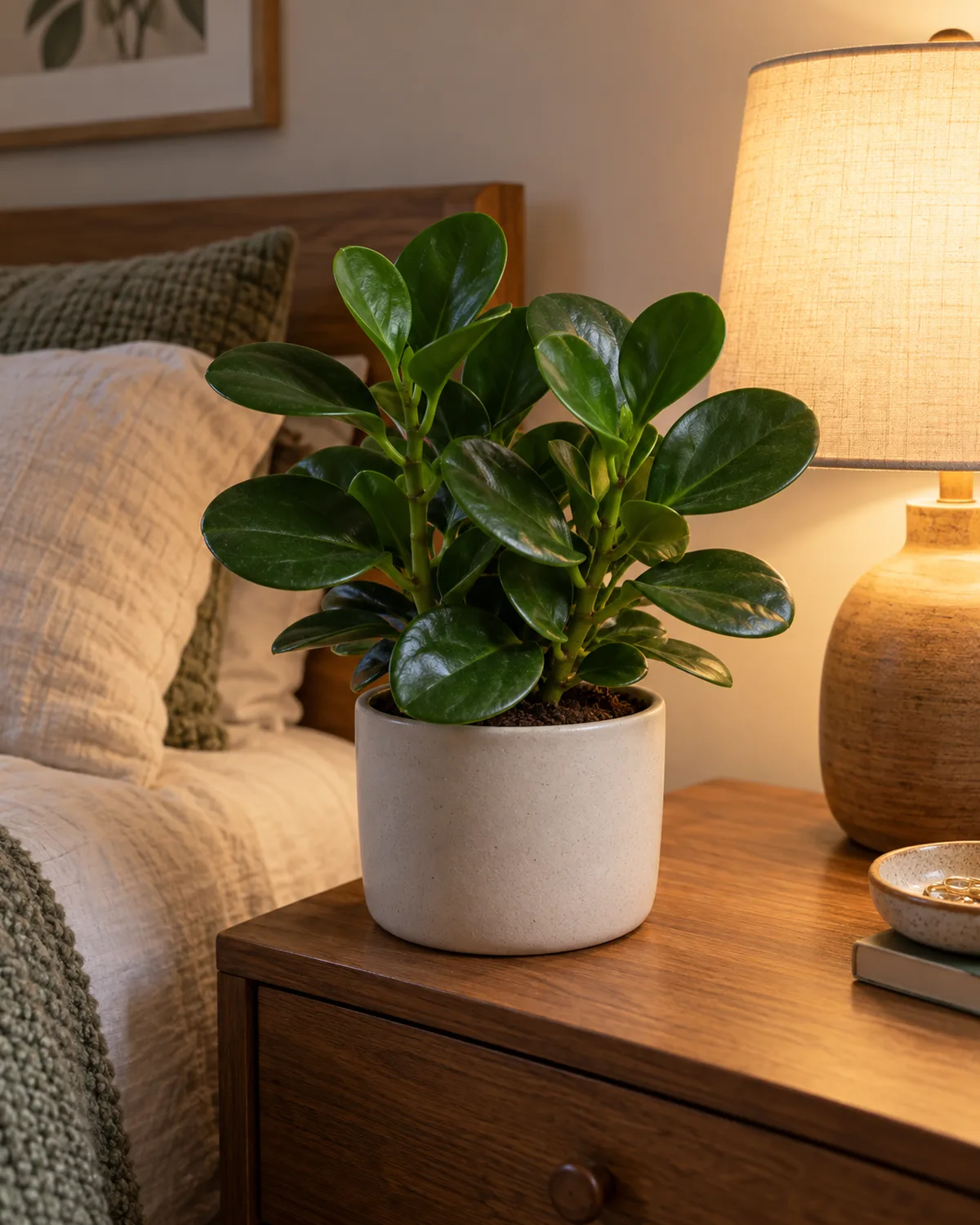 Peperomia obtusifolia with thick rounded glossy dark green leaves on a small wooden nightstand next to a warm table lamp in a cozy apartment bedroom
