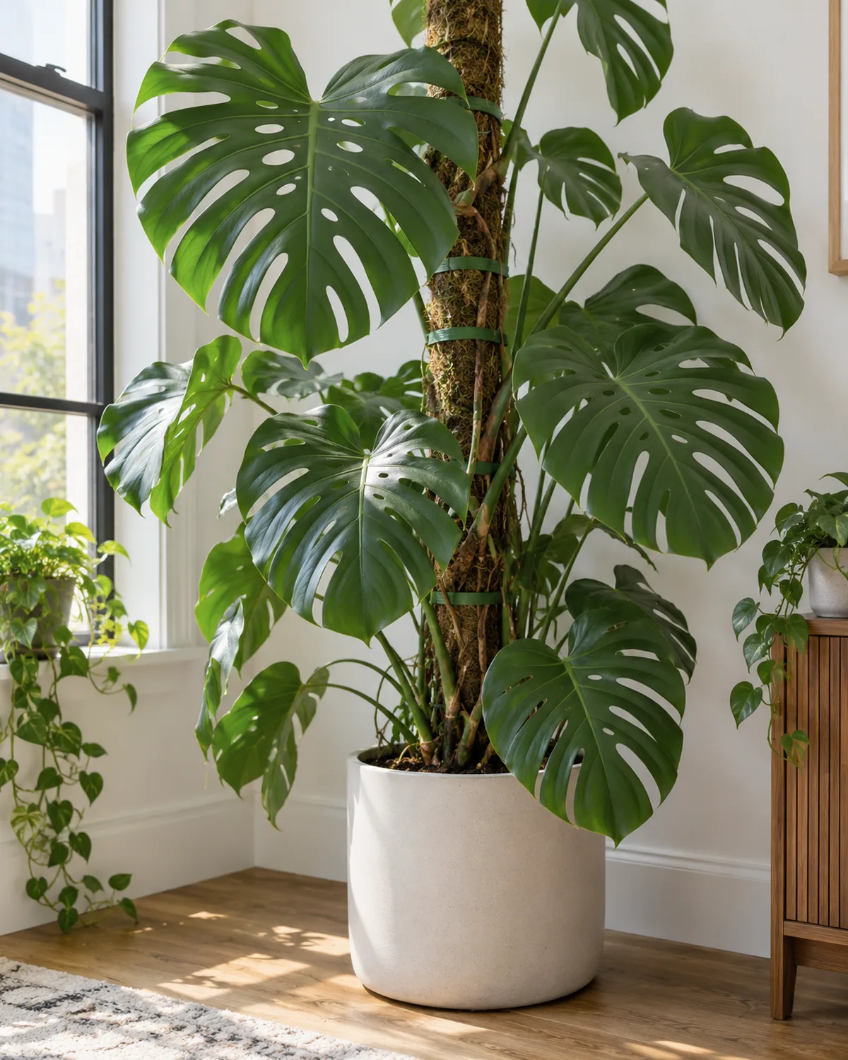 Monstera deliciosa with large fenestrated split leaves climbing a moss pole in a bright apartment corner next to a window with white walls and a modern pot