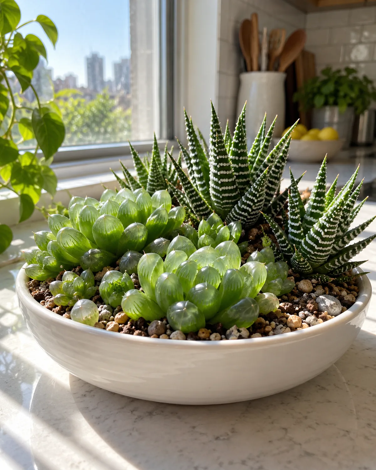 Cluster of small haworthia plants in a shallow white ceramic dish on a sunny south-facing windowsill with bright direct light and apartment kitchen background