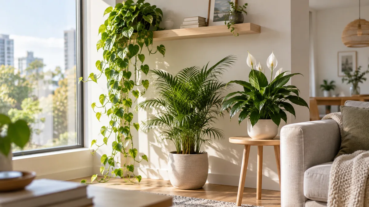 Several houseplants grouped on a floating shelf and floor in a bright apartment living room corner with warm natural light from a large window and modern minimal décor