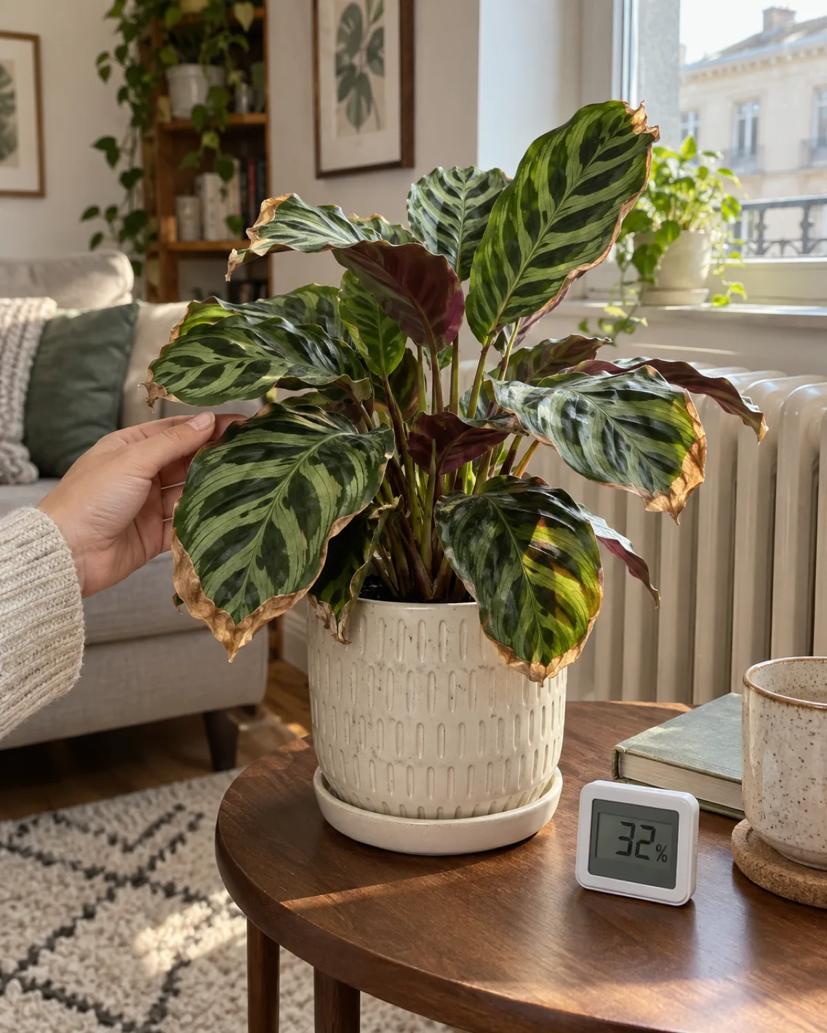 Tropical calathea plant with thin papery brown leaf edges sitting near a radiator in an apartment with a small digital hygrometer reading 32 percent humidity