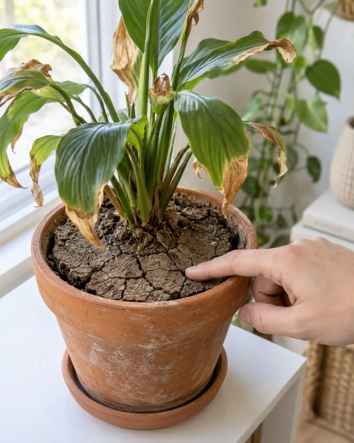 Potted houseplant in a terracotta pot with very dry cracked soil pulling away from the pot edges and crispy brown leaf tips
