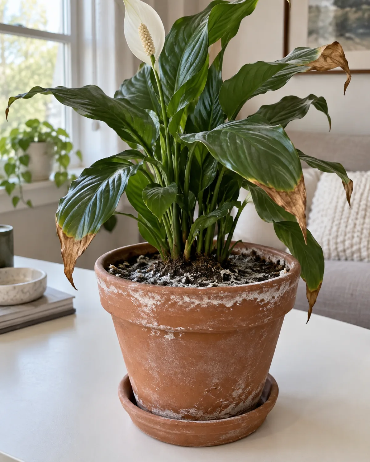 Close-up of a houseplant in a terracotta pot with brown-tipped leaves and visible white mineral salt crust on the soil surface and pot rim