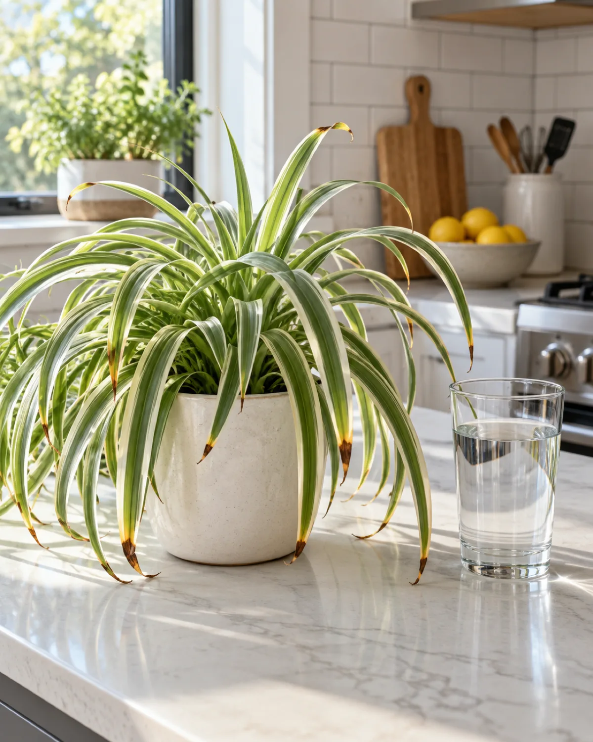 Spider plant with brown-tipped narrow striped leaves on a bright kitchen counter next to a clear glass of tap water