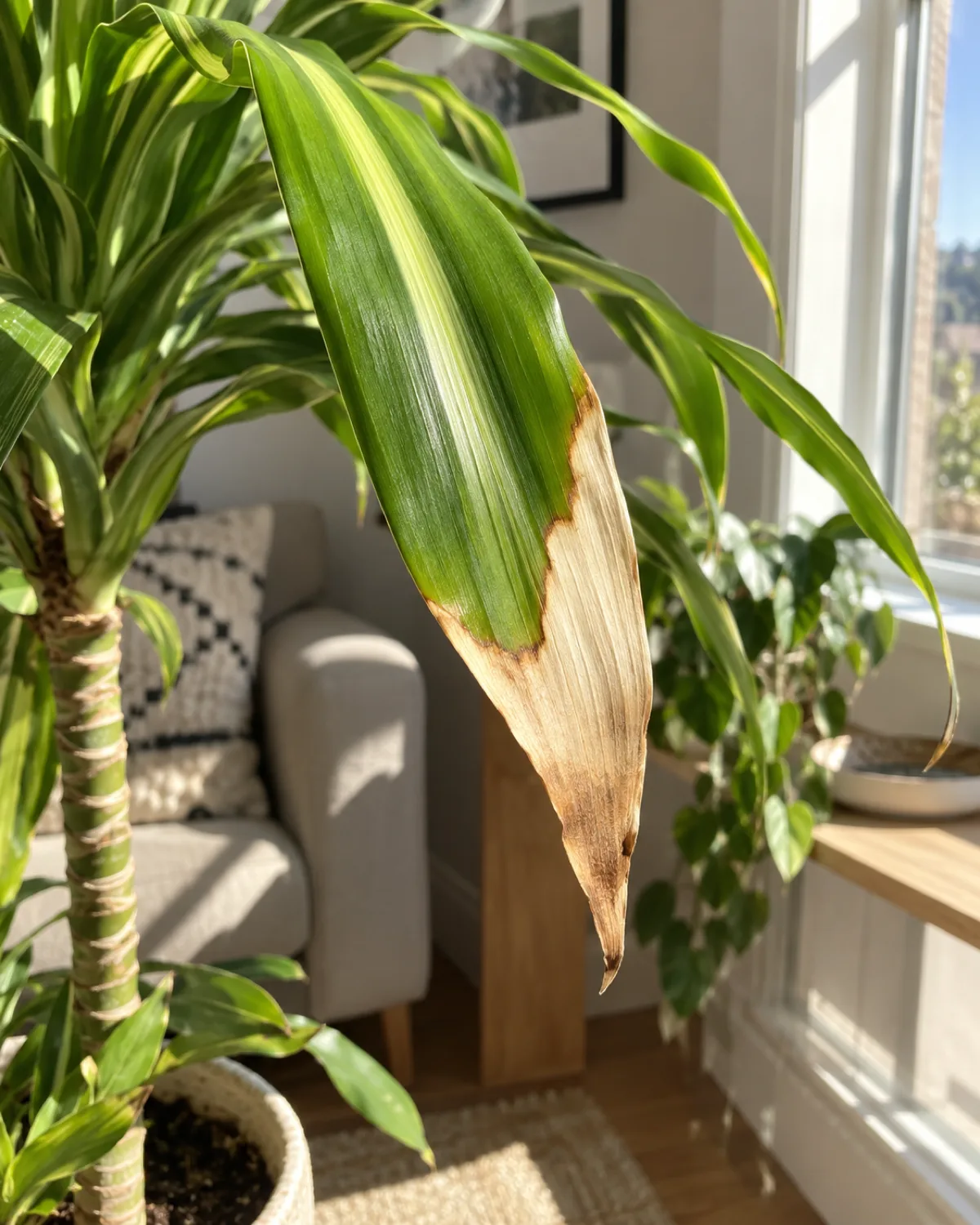 Dracaena leaf with a bleached brown scorched patch at the tip next to a bright south-facing window with harsh direct afternoon sunlight