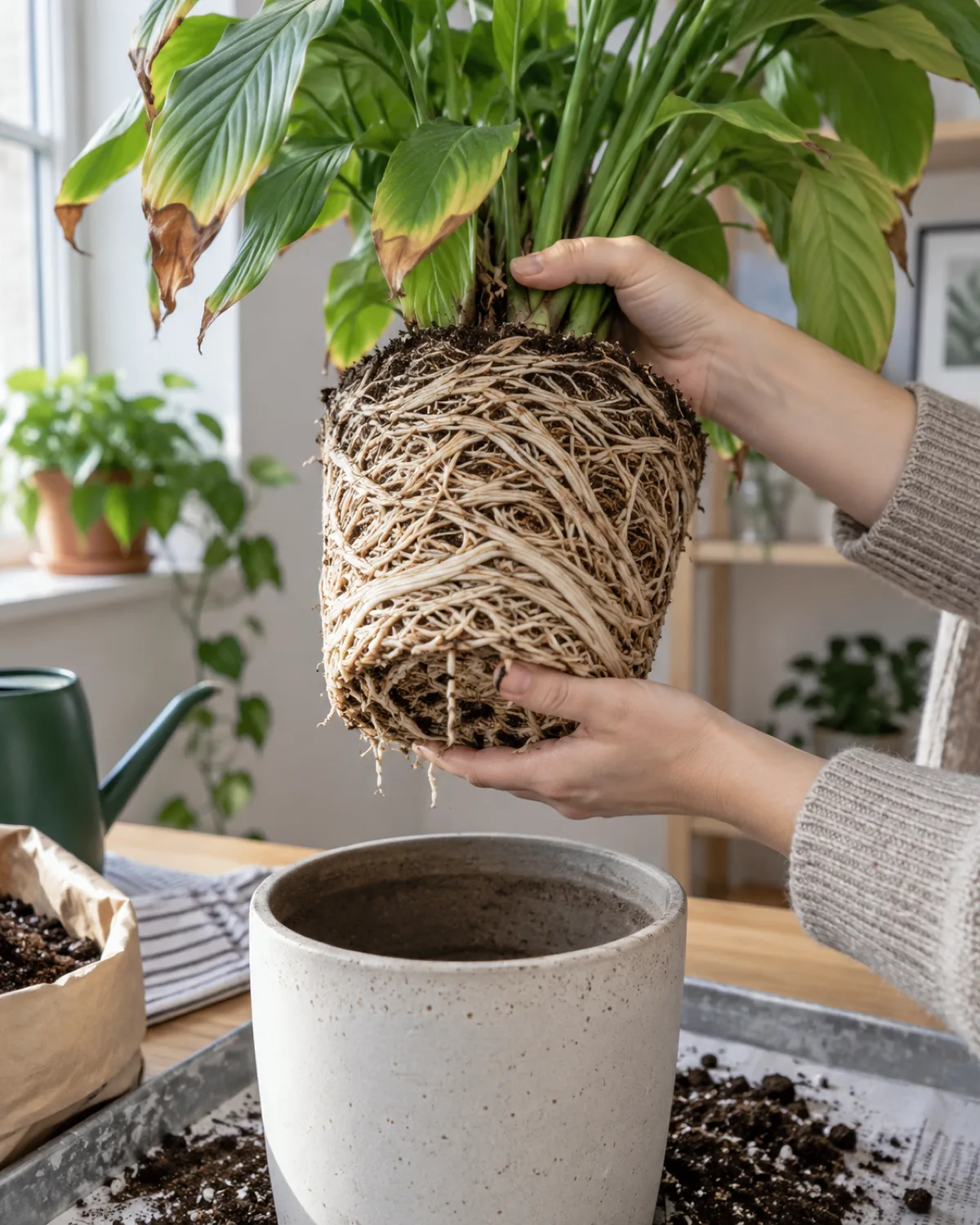 Hands lifting a houseplant out of its pot revealing a dense mass of tangled circling roots with brown leaf tips visible on the plant above