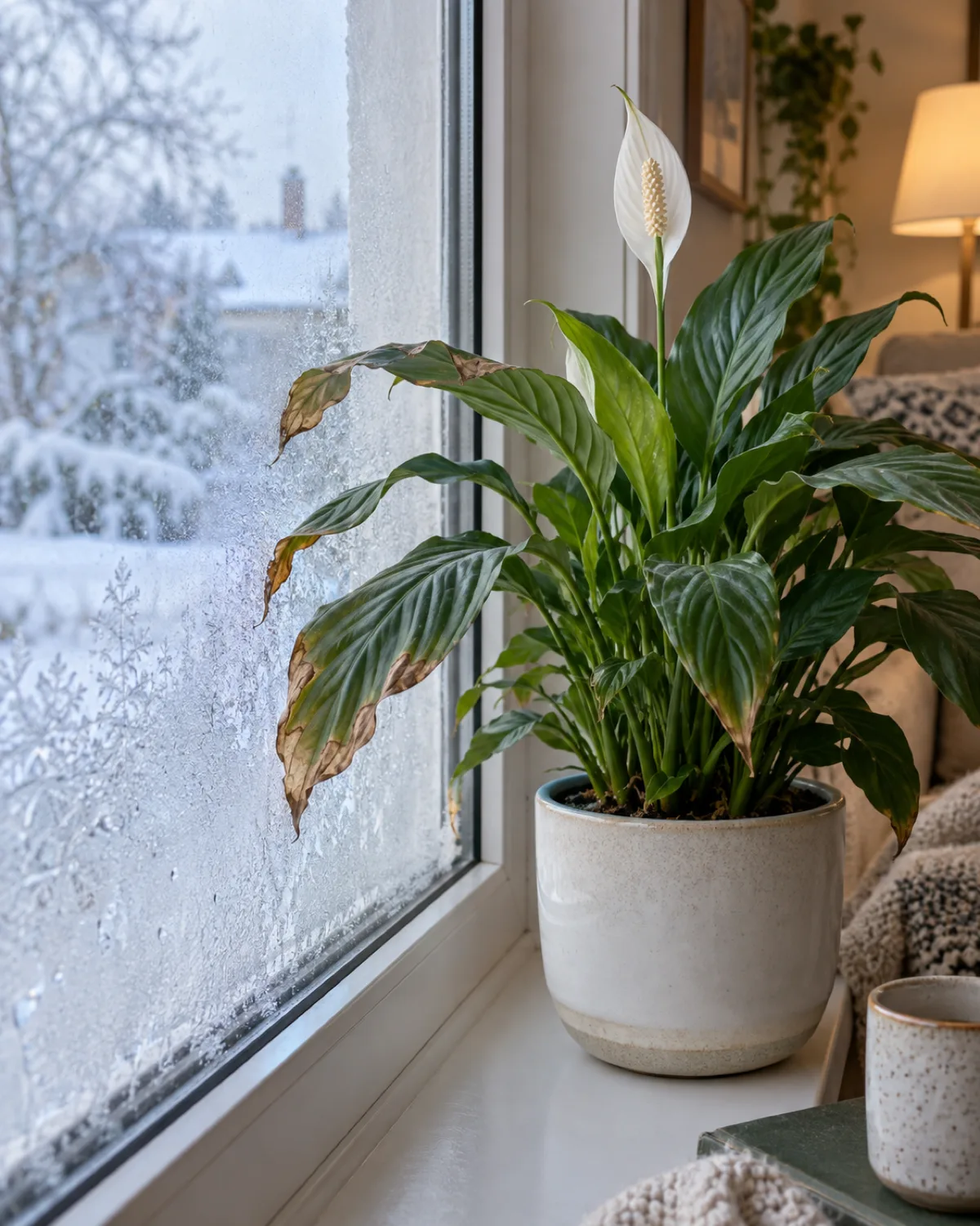 Houseplant on a windowsill in winter with frost visible on the outside of the glass and brown tips on leaves closest to the cold window