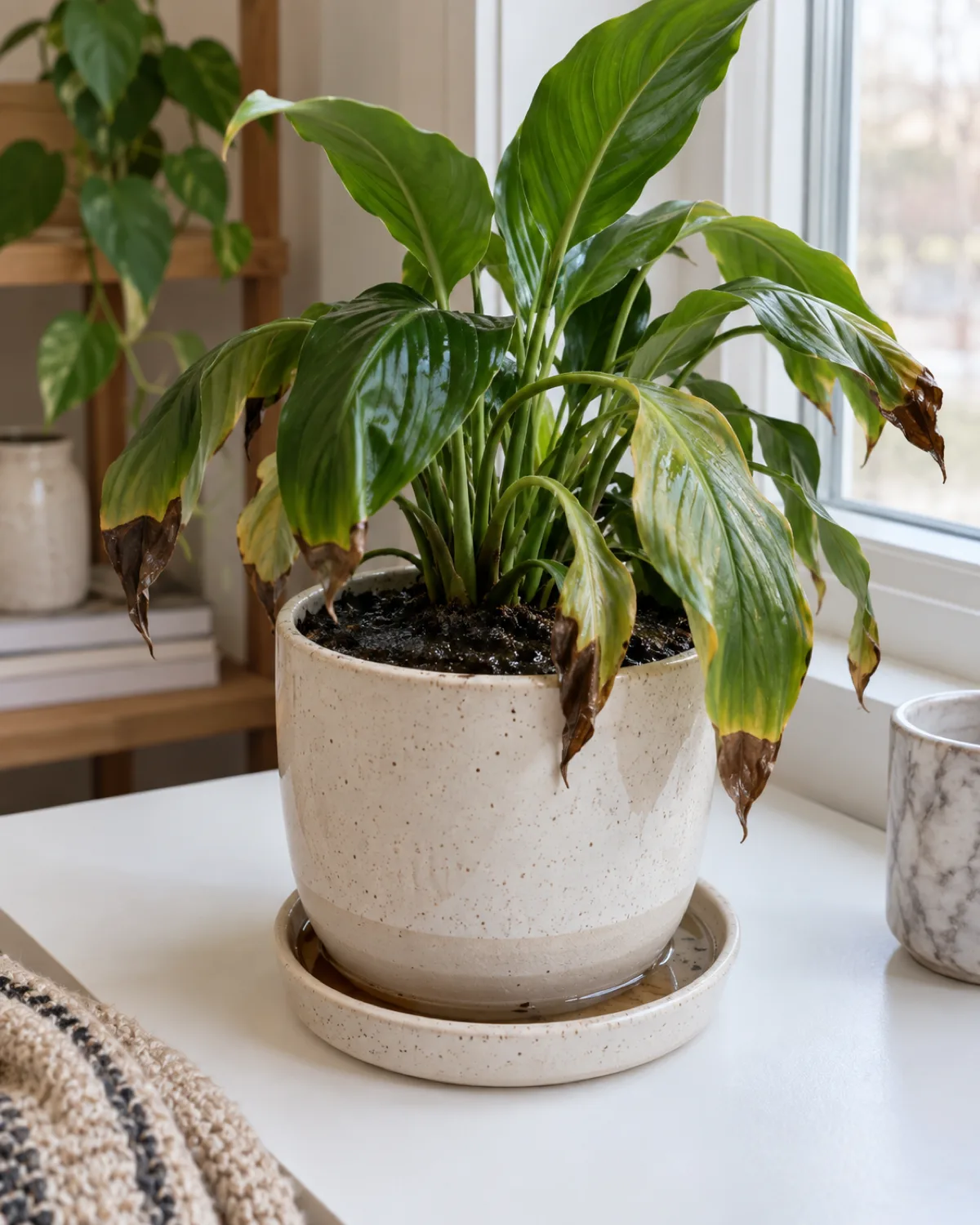 Potted houseplant with waterlogged soil and soft mushy brown leaf tips with water pooling in the saucer beneath the pot