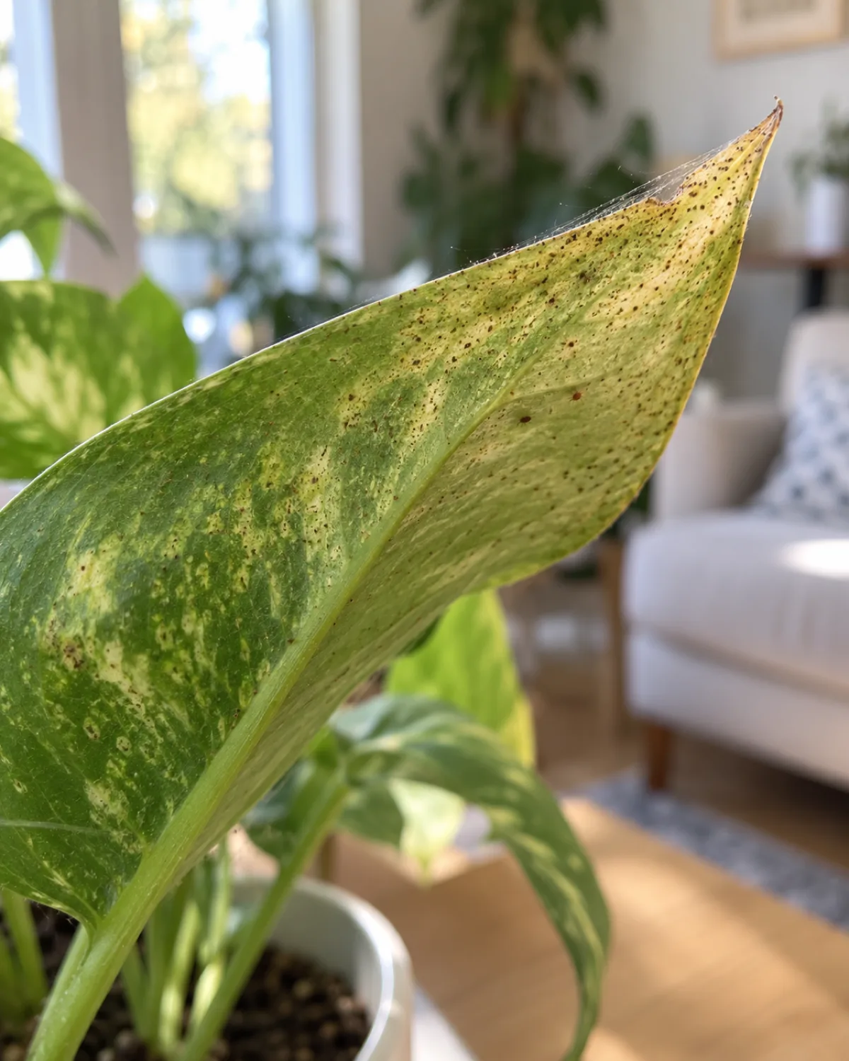 Close-up of a houseplant leaf showing tiny stippled brown dots and faint fine webbing near the leaf tip from spider mite damage