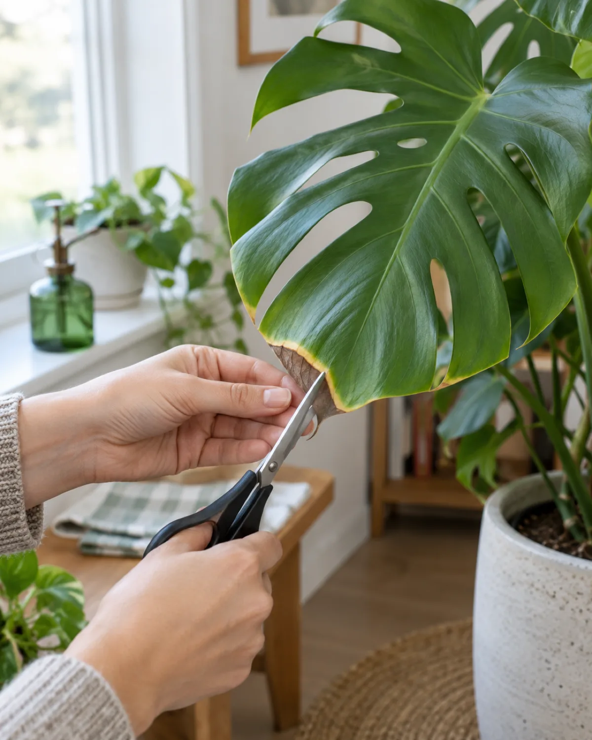 Hands holding a houseplant leaf and using sharp scissors to trim off a brown tip following the natural leaf shape with a clean angled cut
