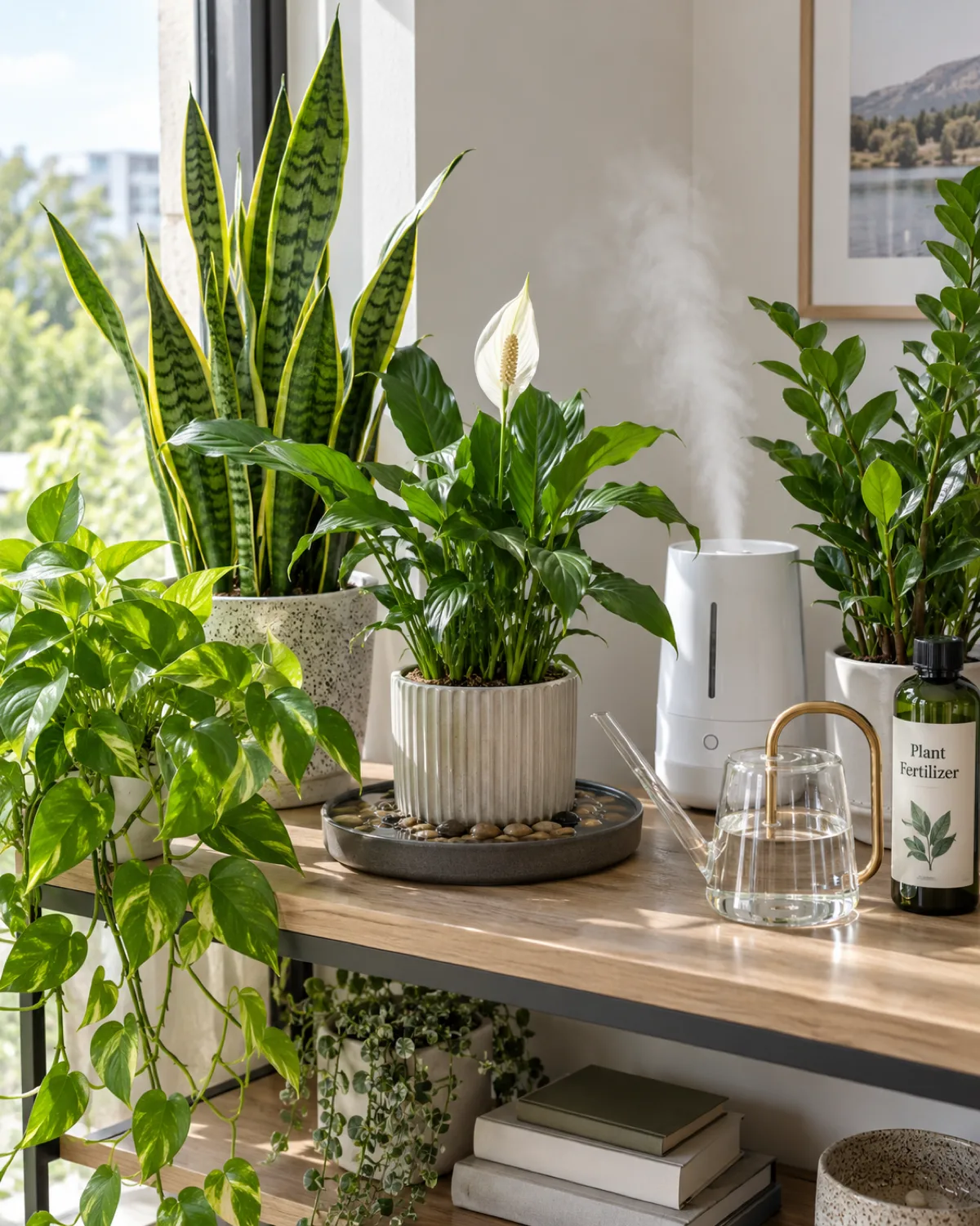 Healthy vibrant houseplant collection grouped together on a shelf with a small white humidifier emitting mist and a pebble tray nearby in a bright clean indoor setting