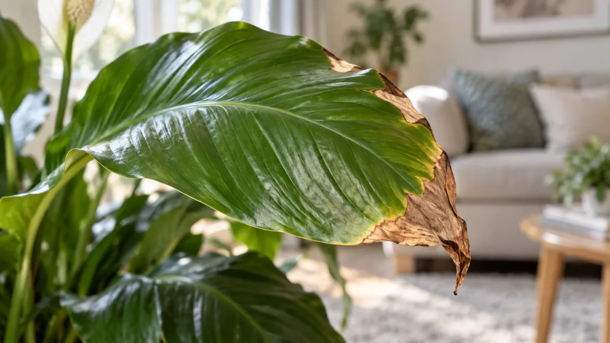 Close-up of a green houseplant leaf with crispy brown tips showing the contrast between damaged and healthy tissue in a bright indoor setting